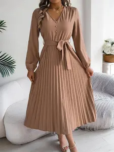 Women's Plain Pleated Belted Button A Line Dress, Modest Style Dress, Casual Bishop Sleeve V Neck Long Dress for Spring & Fall, Women's Clothing for Daily Wear