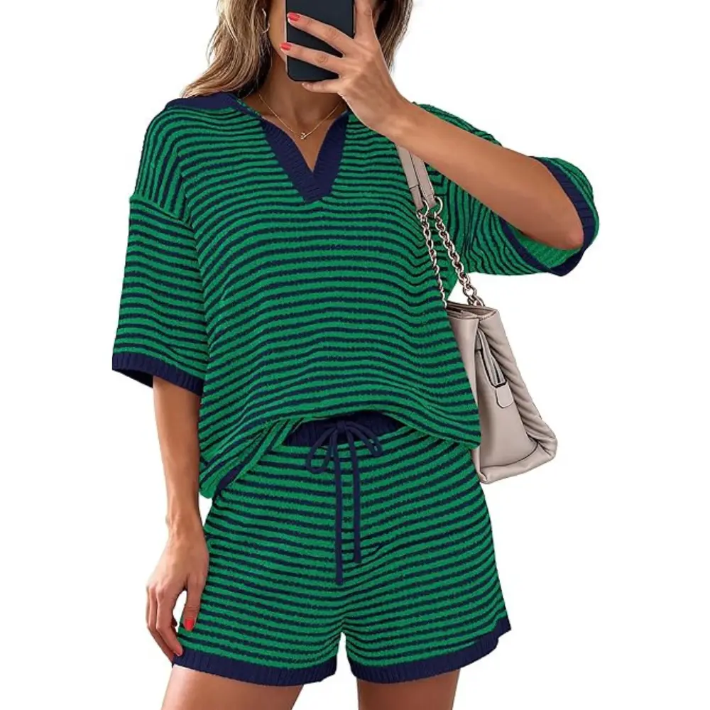PRETTYGARDEN Women 2 Piece Lounge Sets Short Sleeve V Neck Striped Tops Drawstring Short Sets Beach Summer Outfits