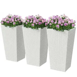 Outsunny Set of 3 24-In Tapered Tall Rattan Decor Planters with Drainage Holes, Indoor-Outdoor Garden Pots for Front Porch, Patio, Backyard Decor