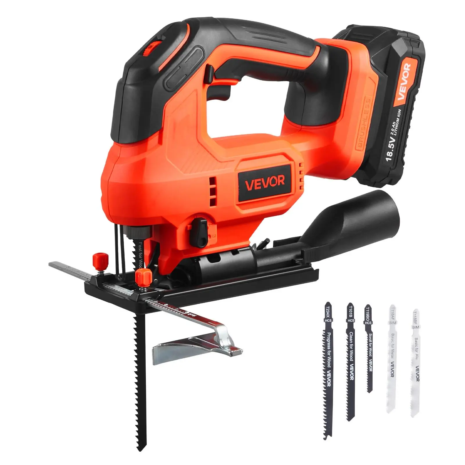 【Summerfinds】VEVOR 20V Brushless Cordless Jig Saw with Batteries, 3500 SPM Blade Speed, 6 Variable Speeds, 4 Orbital Settings, 0-45° Bevel Cuts, 6 Straight & Curved Saw Blades, LED Light, Adjustable Depth & Angle Settings for Wood, Metal Cutting