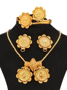24K Gold Middle Eastern Luxury Vintage Coin Set: Multi-layered Bracelet, Necklace, Ring and Earring Collection - An Exclusive Celebratory Jewelry Gift for Women, Elegant Jewelry Set