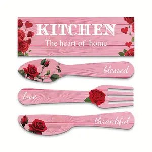 Kitchen Decor Set, Knife Fork Spoon Hanging Ornaments, Rustic Romantic Style Wall Decor, 4 Piece Hanging Plaque Set