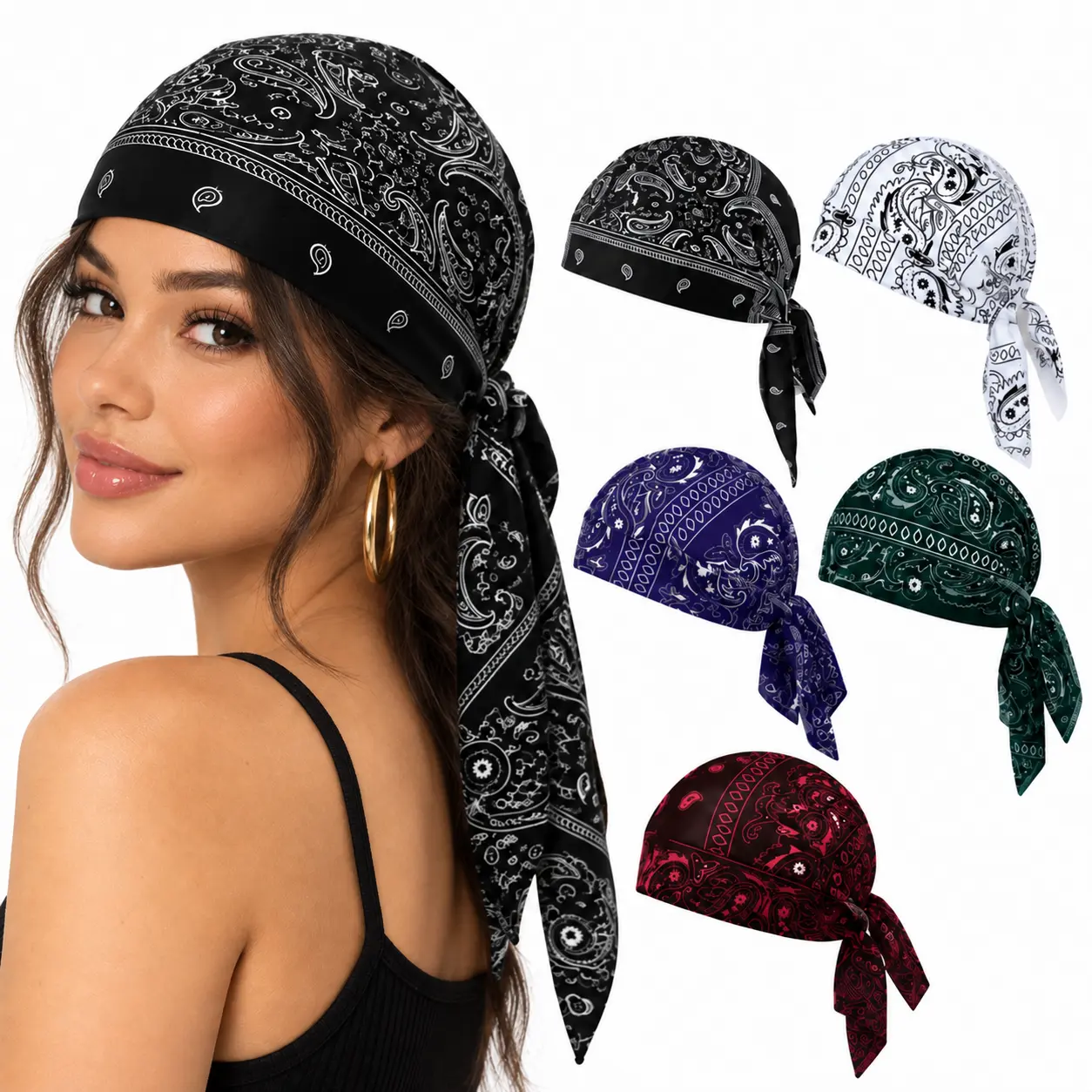 5 Pack Paisley Bandana Headwraps, Unisex Adjustable Tie-Back Skull Caps, Breathable Helmet Liners & Cycling Head Covers for Running, Biking, Sports & Outdoor Use