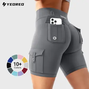YEOREO CoreFlex Women's Workout Biker Shorts with Cargo Pockets Hidden Scrunch High Waisted 8" Inseam Gym Shorts for Summer Squat-Proof & Comfortable Fit