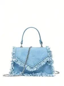 Women's Fashion Tassel Denim Handbag, with Chain Bag Strap, Casual Solid Color Crossbody Bag for Daily Used, Casual Trendy Versatile High-quality Daily Commuting Bag, Girl Fashionable Shopping Bag, Casual Shoulder Bag