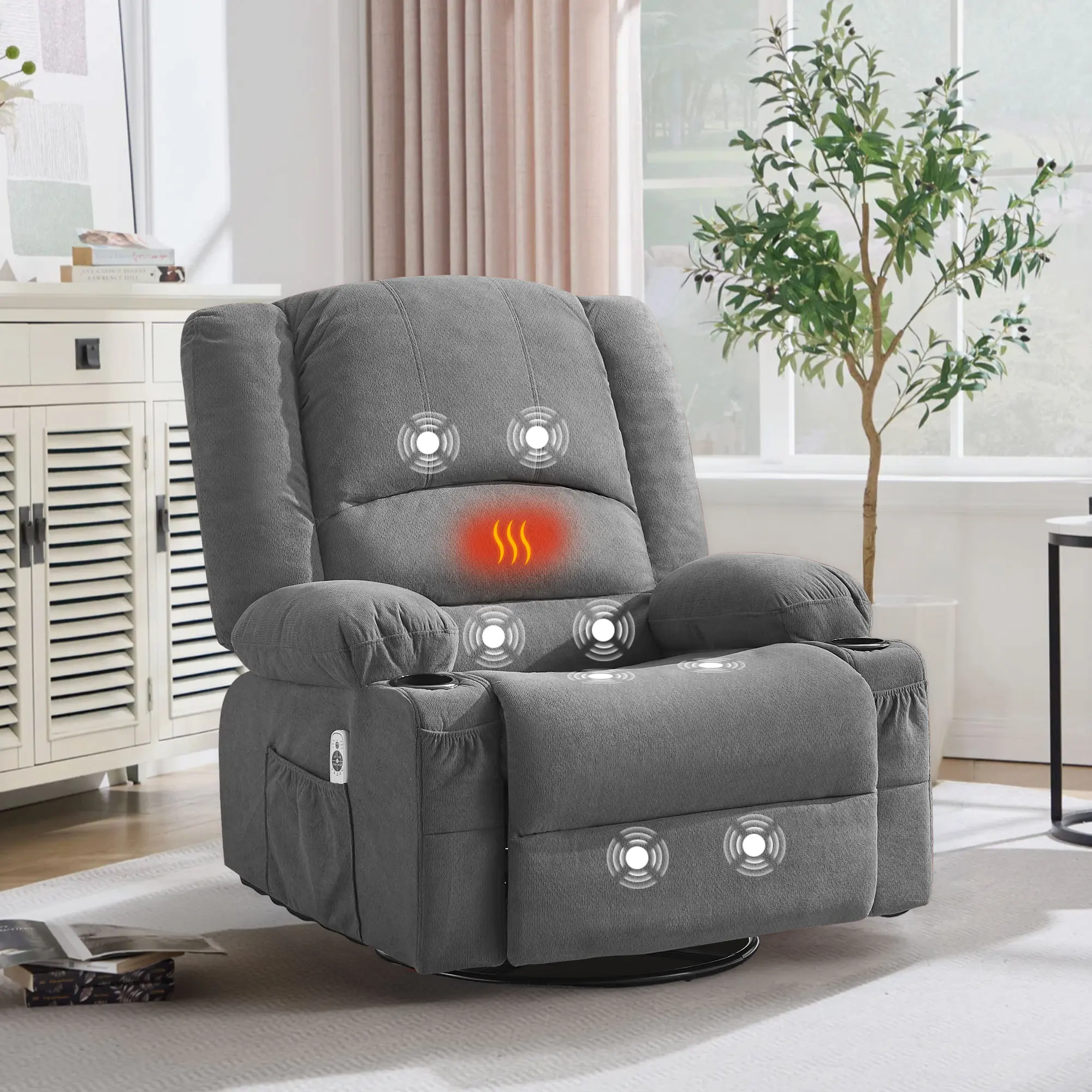 JONPONY Modern Heated Manual Massage Recliner - 360° Swivel Rocker Single Indoor Chair, with Side Pockets, Cup Holders for Living Room, Home Theater