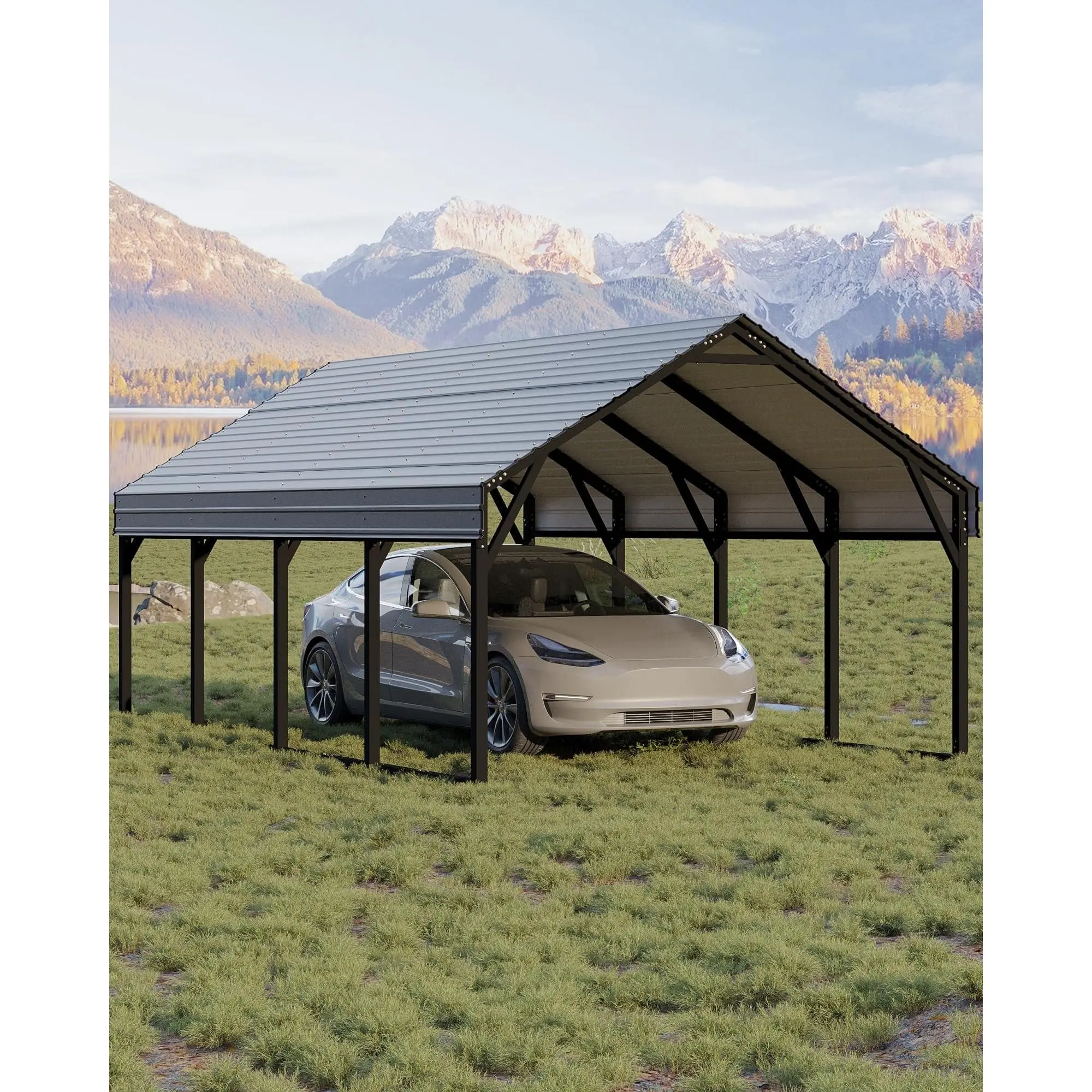 12x20 FT Heavy-Duty Enclosed Metal Carport, Galvanized Steel Frame & Roof, Waterproof Tarp Cover with Gable End Doors, Wind & Snow Resistant All-Weather Outdoor Shelter for Pickup Trucks, Boats and Tractors