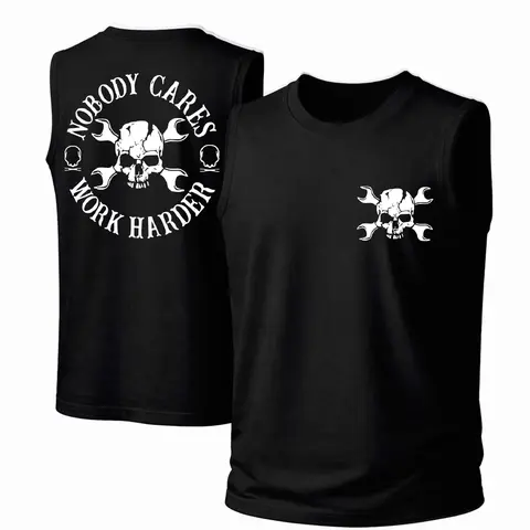 Women's 100% Cotton Soft Sleeveless Graphic Tank Top - Classic Crew Neck, Loose Fit, Fabric, Breathable, Streetwear Look, "Nobody Cares Work Harder" Skull Print, Easy Wear, Grab-and-Go, All Seasons Daily Wear (Hand Wash Only, Hang Dry; Do Not Dry Clean)