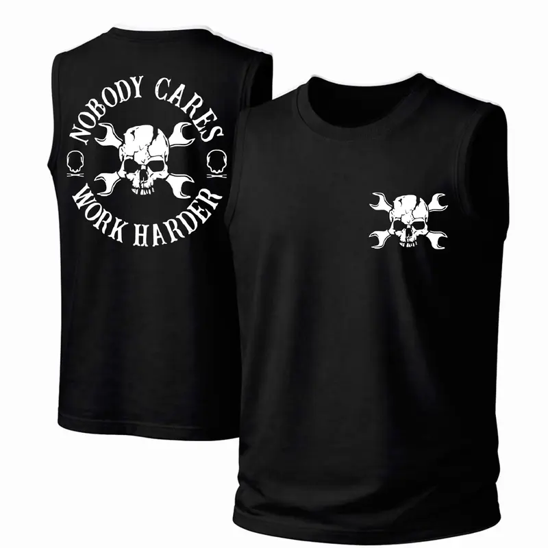 Women's 100% Cotton Soft Sleeveless Graphic Tank Top - Classic Crew Neck, Loose Fit, Fabric, Breathable, Streetwear Look, "Nobody Cares Work Harder" Skull Print, Easy Wear, Grab-and-Go, All Seasons Daily Wear (Hand Wash Only, Hang Dry; Do Not Dry Clean)