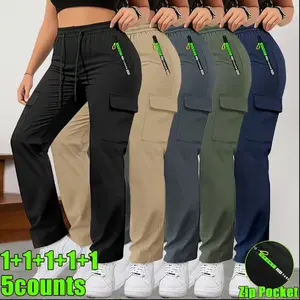 1 pack (5 pieces): women’s summer cargo pants with zippered pockets, stylish large pocket design with elastic waistband, casual outdoor/daily long slim-fit pants