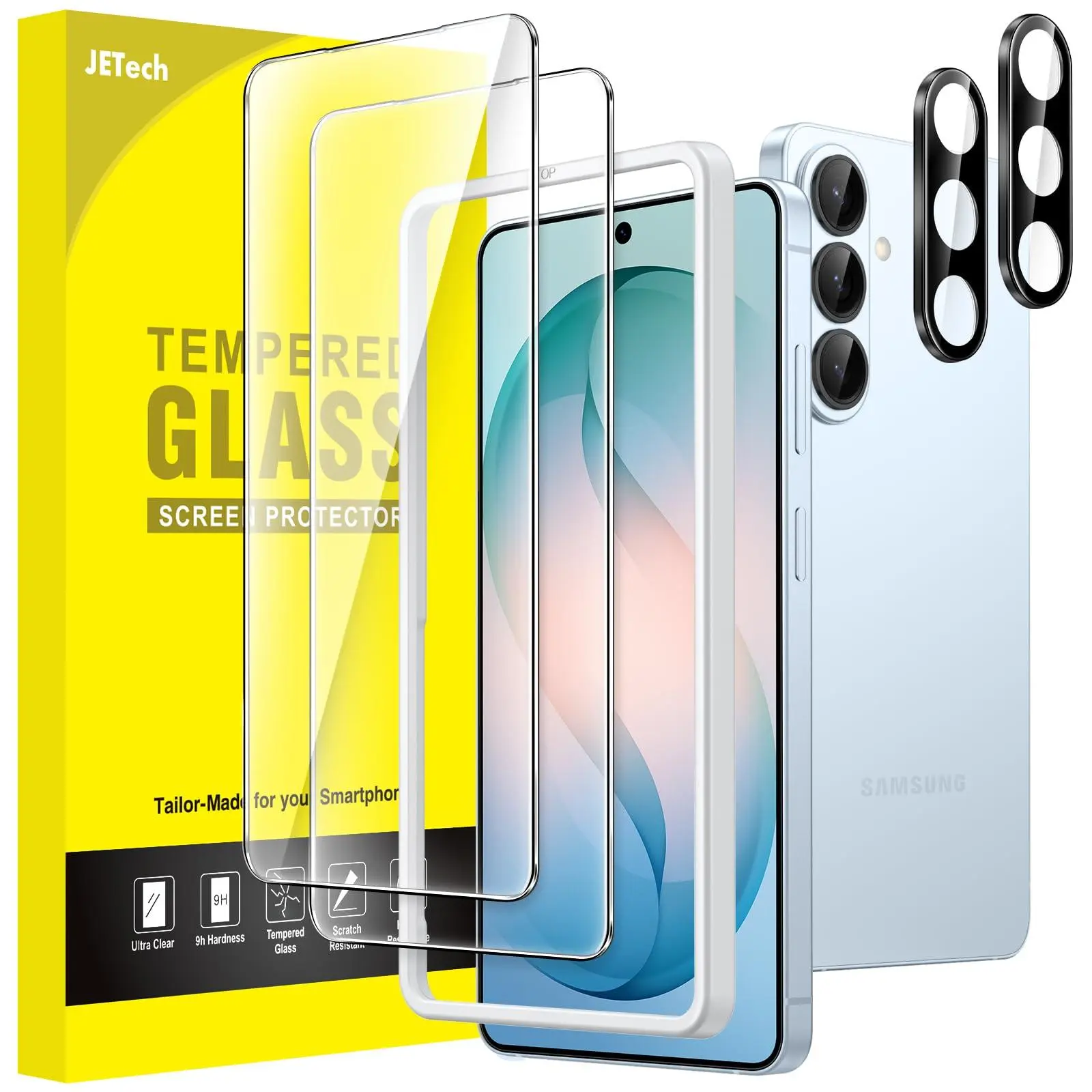 JETech Phone Screen Protectors & Camera Lens Accessories for Samsung Galaxy S26 Series, 2-Pieces, 9H Hardness, Scratch Resistant, HD Guard, Easy Installation Tool, Fingerprint ID Compatible, Smooth Attachment