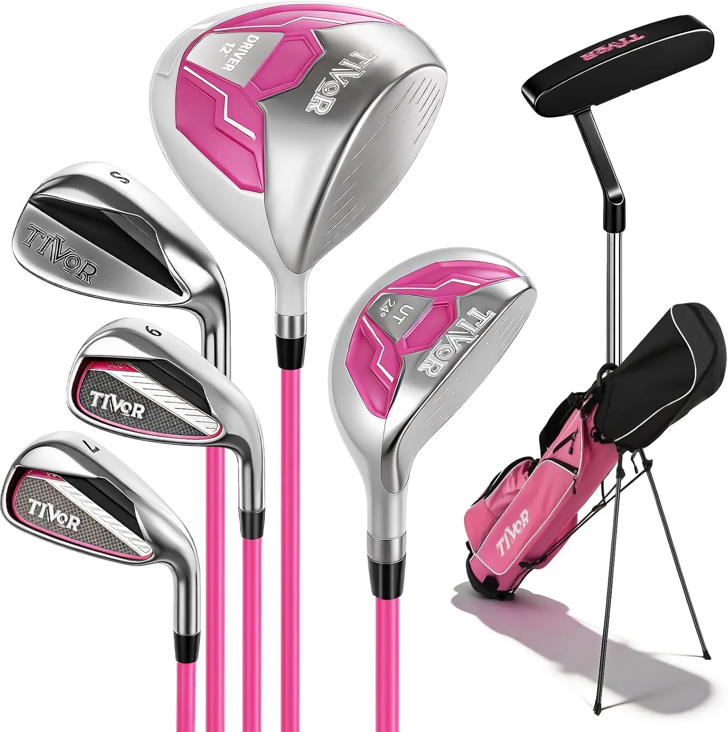 Golf Clubs Set 7-Piece Complete Set with Driver Hybrid 7 Iron 9 Iron Sand Wedge Putter Stand Bag for Women Men Right Left Handed - Beginner Golf Sets Pink Gray