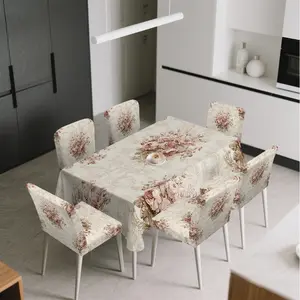 4/5/6/7pcs Blush Rose Bouquet Clusters Dining Chair Cover And Tablecloth Set, Easy to Install & Care for, Fits Living Room, Kitchen, Camping, Party Must-Have, Home Decor & Nice Gift