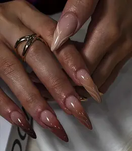 AURA NAILS | Elegant Ombre Brown Press On Nails Cooll Girl Handmade 3D Gel Nail Art Hot Long Short Almond Square Oval Stilleto Winter Fall Nail Beauty