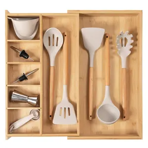 Premium Silverware, Flatware and Utensil Organizer for Kitchen Drawers, Food-Safe Contract Grade, Expandable from 10.5 to 19 In, Natural Bamboo Racks Rubber Set