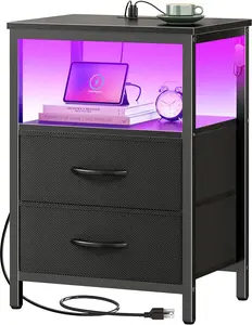 Night Stand with Charger Station and LED Lights, 2 Drawer Nightstand, Bed Side Table with Open Shelf, End Table, Fabric Dresser for Bedroom, Black