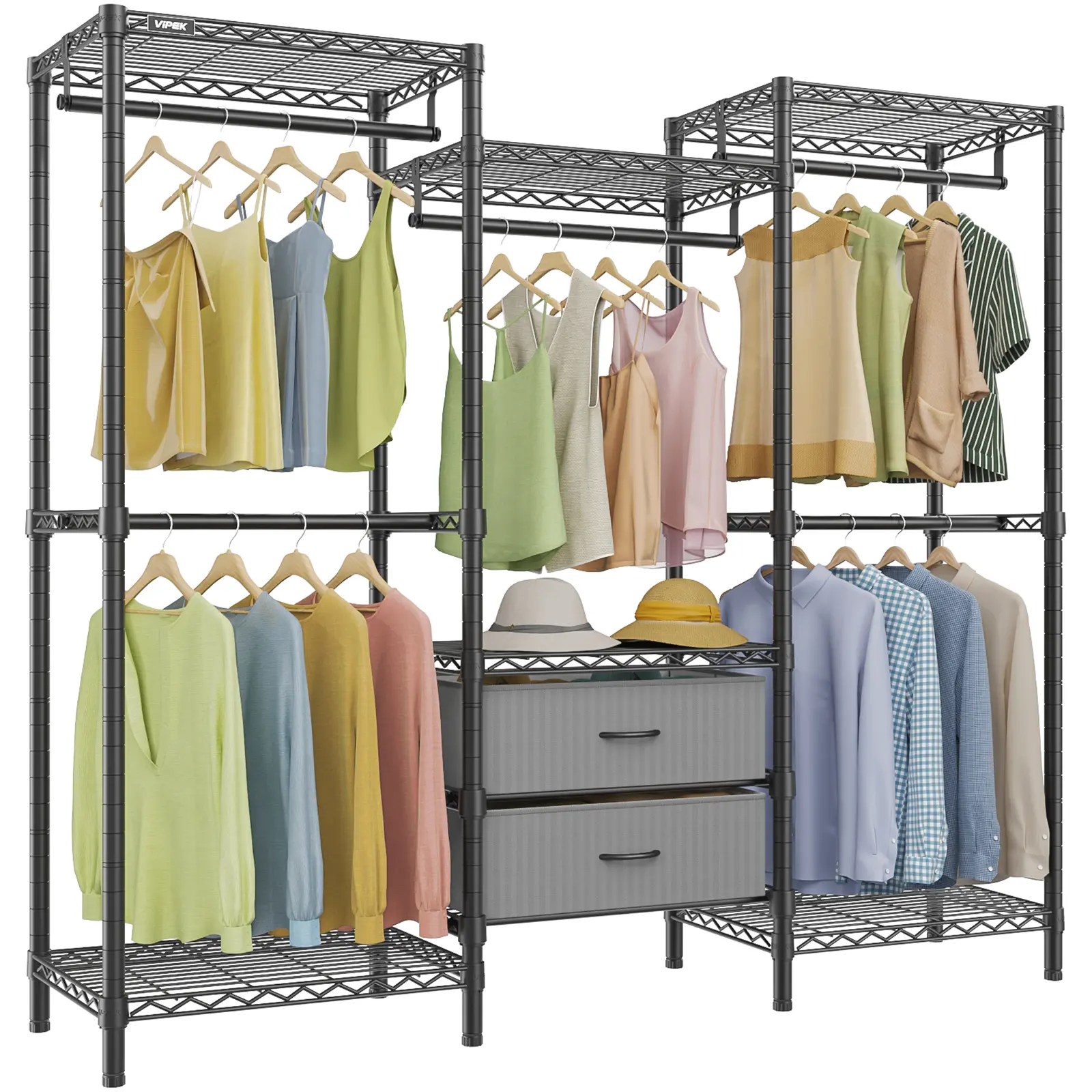 VIPEK V20 Plus Clothes Rack, Metal Clothing Rack with 6 Shelves, 5 Hanging Rods & 2 Fabric Drawers, Freestanding Garment Rack for Bedroom & Walk-in Closet, Large Wardrobe Closet Max Load 850LBS, Black