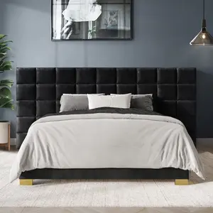 ChaletPosh Velvet Wall Panel Bed - Square Stitching, Gold Metal Legs, Soft Upholstery, Foam Padding, Elegant Design