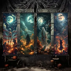 Halloween Hanging Banner, 4 Counts/set Ghost & Witch & Skeleton Pattern Wall Decor Poster, Halloween Decorations, Home Decor