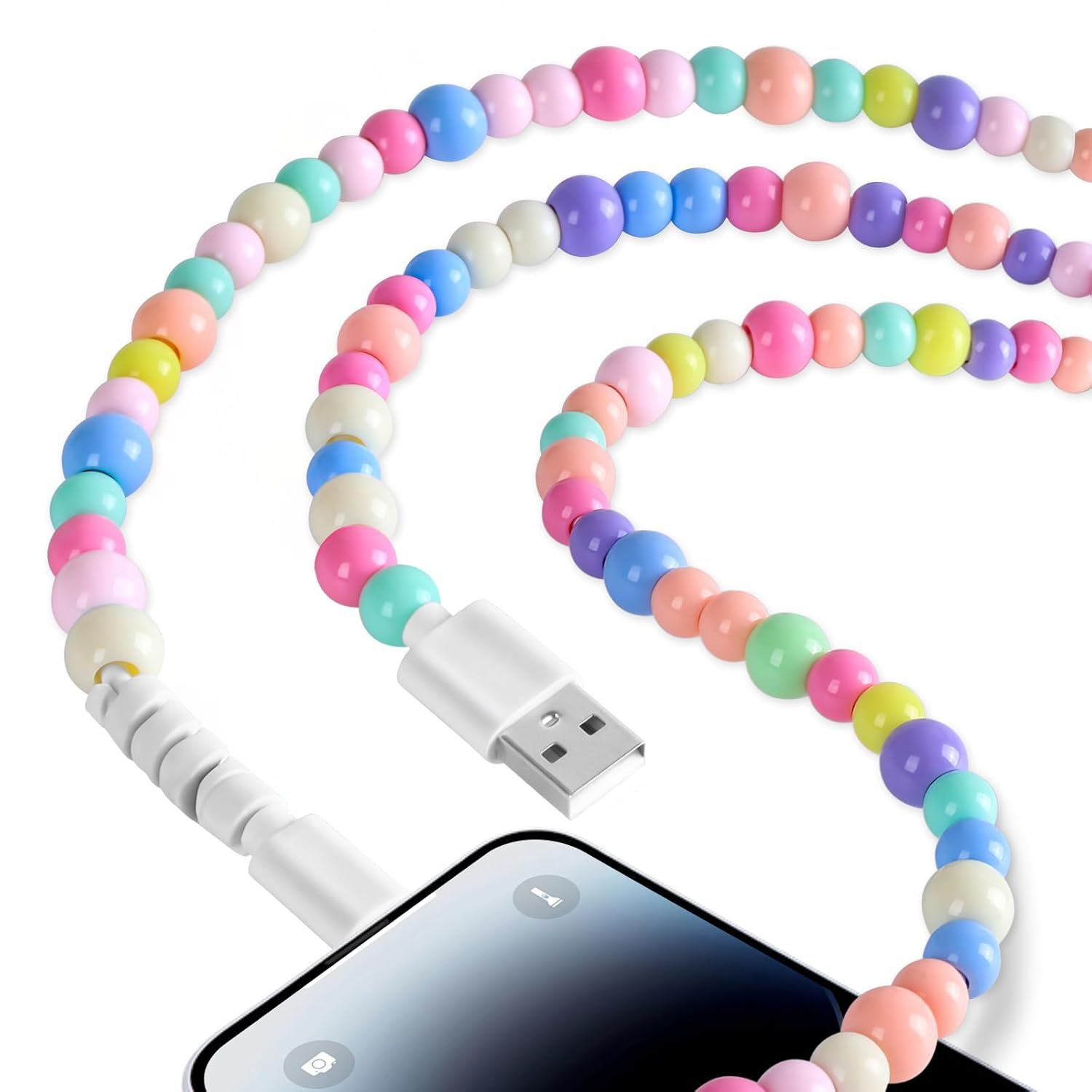 2 PCS 2-in-1 Charging Cable Compatible with All Devices USB-C, Lightning, Micro USB & USB-A Durable 3.3Ft Colorful Beaded Cord for Fast Charging & Data Transfer