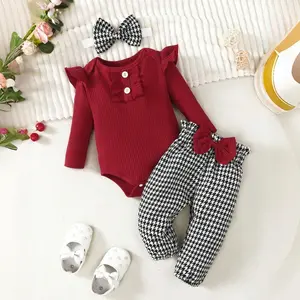 Baby Red Ribbed Bodysuit & Houndstooth Pants Set with Bow Detail Adorable Everyday Outfit for Infants Comfortable Stylish