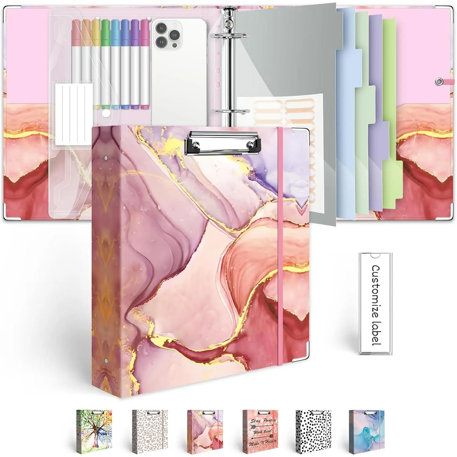 3 Ring Binder 2 Inch, Three Ring Binders Organizer with Clipboard, 5-Tabs Pockets Dividers, Plastic Folder, 18 Divider Stikers,   Decorative Binder with Pen Loop ( Marble, Letter Size)