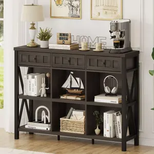 Rustic 6 Cube Storage Organizer Shelf with 3 Drawers, Long Horizontal Bookshelf, Industrial Wood and Metal Cubby Bookcase (Walnut Brown, 47 Inch)