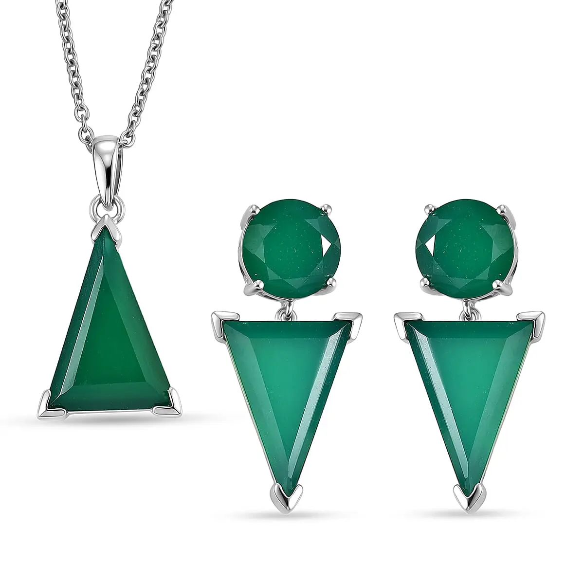EverTrue Verde Onyx Earrings and Pendant in Platinum Bond with Stainless Steel Necklace (20 Inches) 24.50 ctw