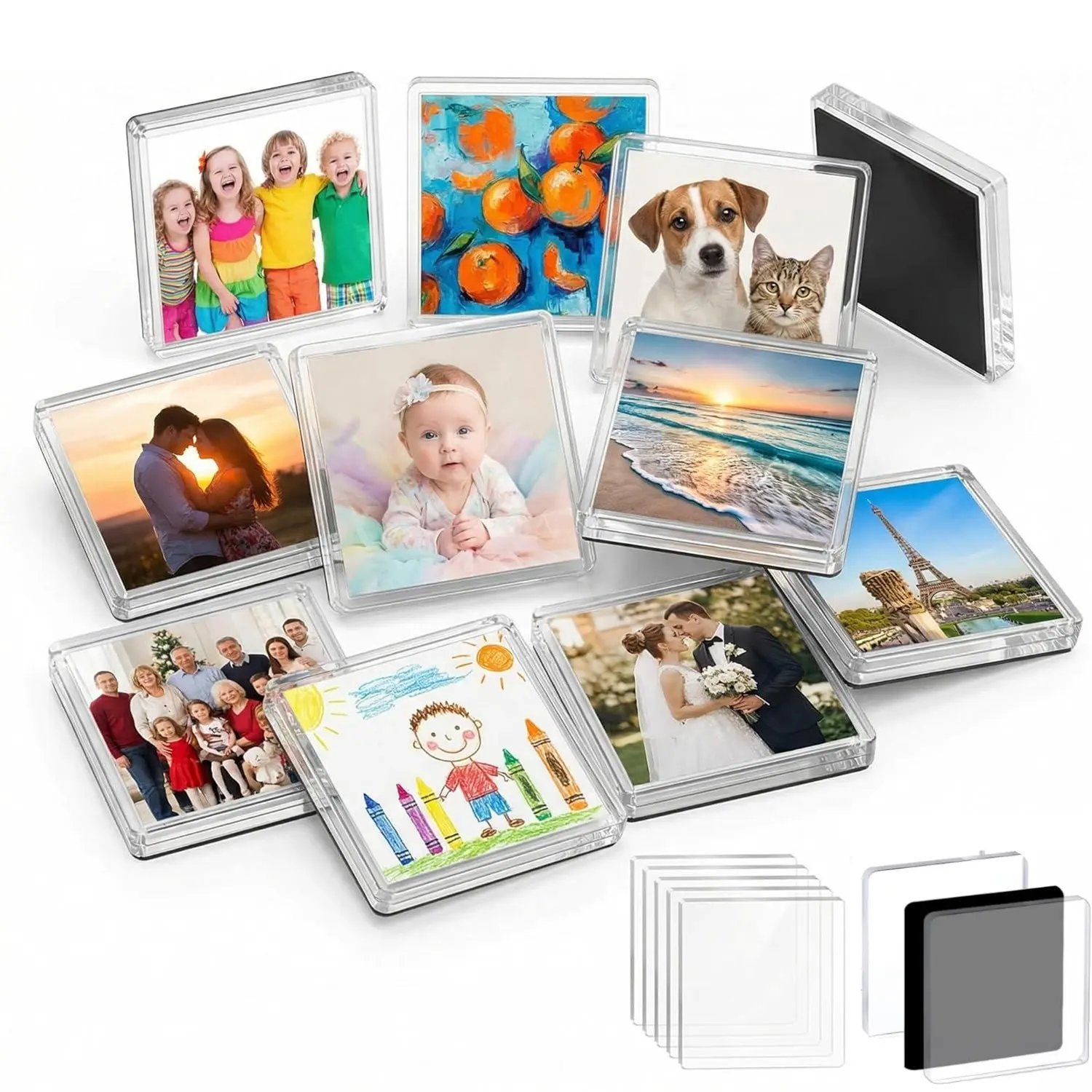 25/50 Pack 2x2 Inch Clear Acrylic DIY Fridge Magnets Set, Blank Square Magnetic Photo Frames with Adhesive Backing, Custom Picture Refrigerator Magnet Craft Kit for Kitchen Office Classroom Deco