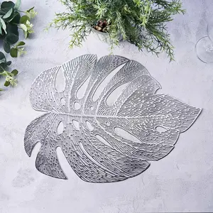 6-Pack Vinyl Dining Table Mats 18" Monstera Leaf Design Silver - Non-Slip Placemats