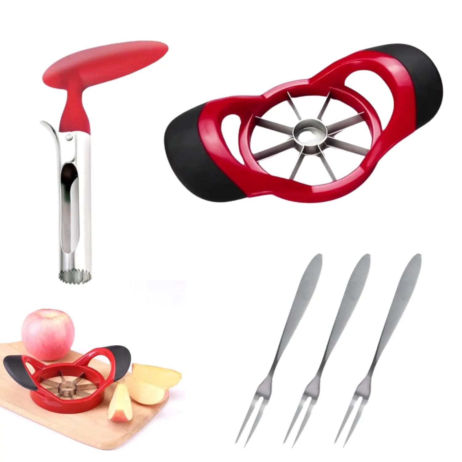 Apple Slicer Corer Set with 3pcs Fruit Forks 8-Blade Extra Large Apple Corer, Stainless Steel Ultra-Sharp Apple Cutter, Wedger, Pitter, Divider for Up to 4 Inches Apples