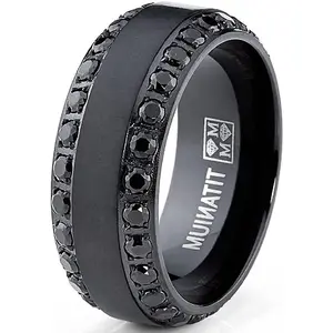 Men's .9Ct Black Titanium Dome Brushed Finished Wedding Band Engagement Ring Black Cubic Zirconia
