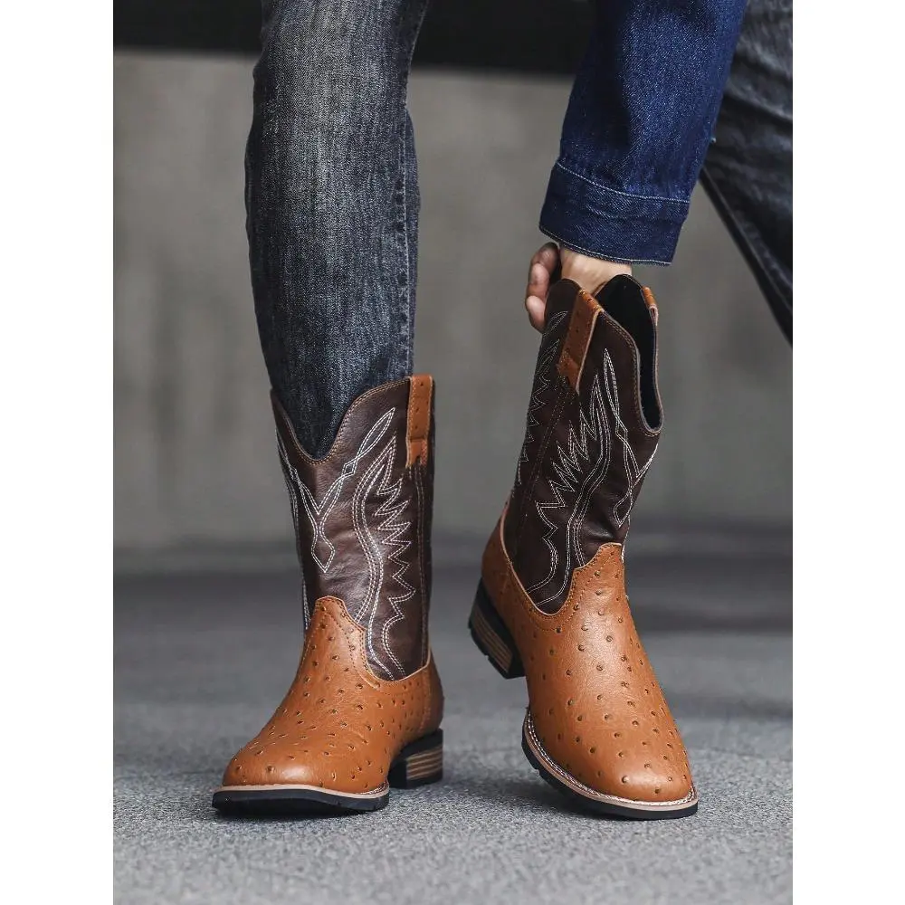 Zotixvox Men's Western Cowboy Ankle Boots - PU Leather Fashion Footwear with Embroidery, Square Toe, High Heel, Mesh, Cuban Heel, Western OOTD & Cowboy Aesthetic Design