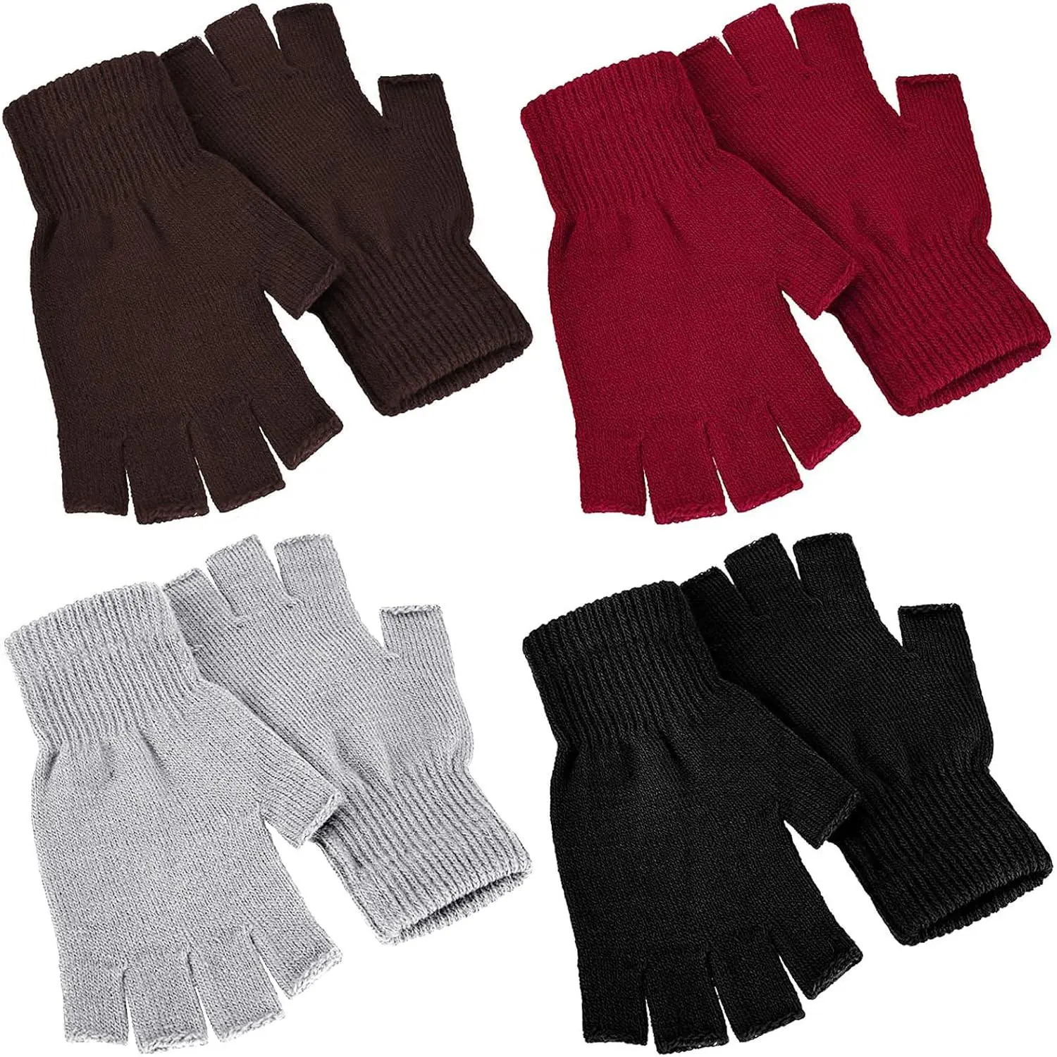 Unisex 4-Pair Solid Color Acrylic Stretchy Knit Winter Fingerless Gloves, Warm Half-Finger Mittens, Hand Washable Selfie Accessories for Cold Weather, Indoor & Outdoors Use