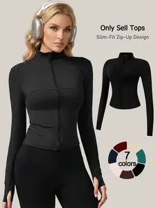 women zip up jacket solid color long sleeve skin friendly comfy pajamas tight shaping yoga wear casual daily trendy versatile loungewear Tops all season stand collar thumb hole activewear