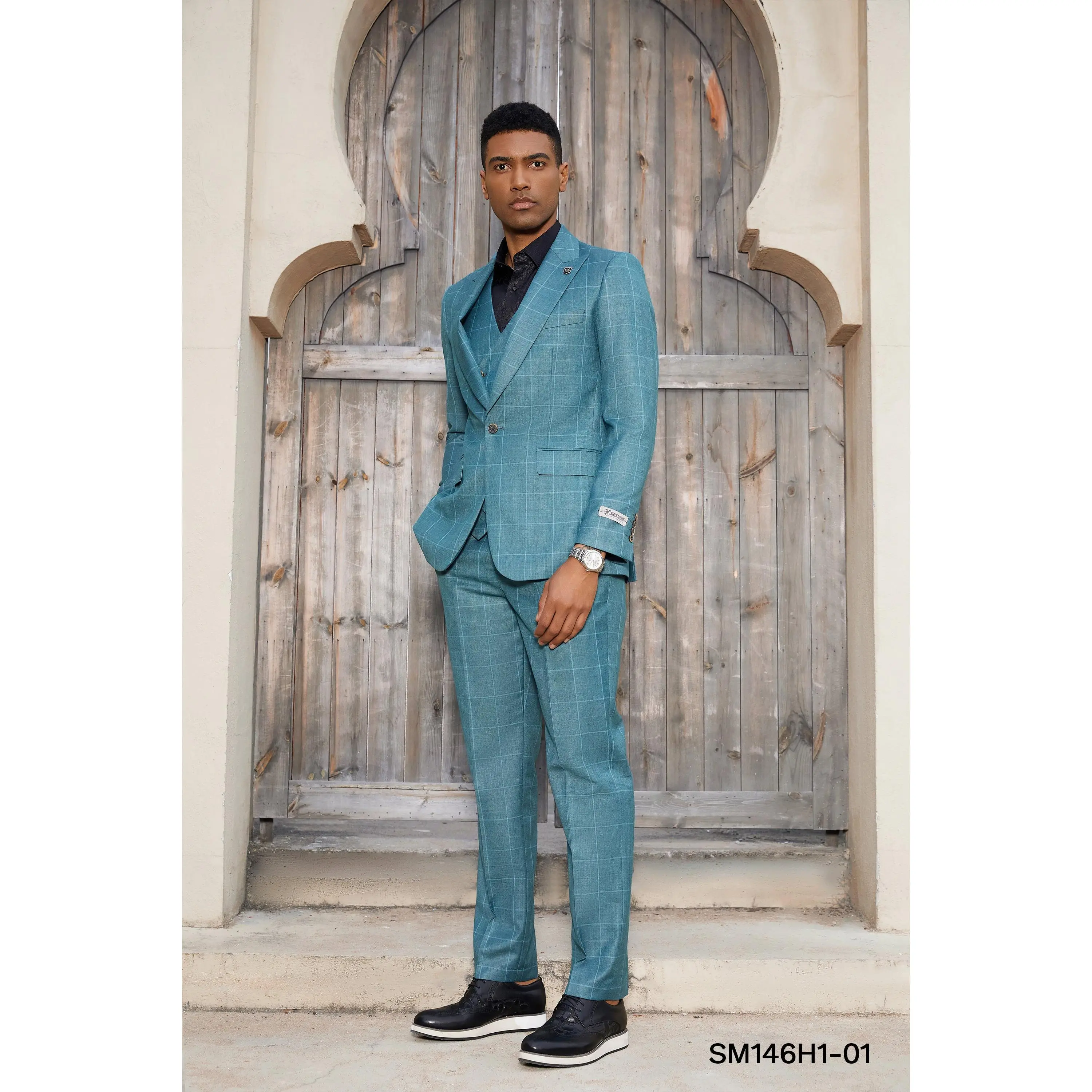 Stacy Adams Hybrid-Fit Vested Suit, Teal Windowpane