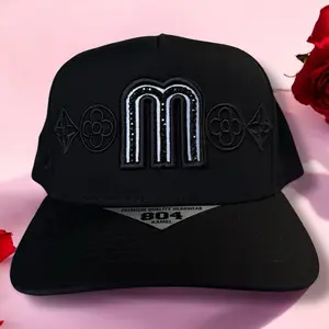Hat Mexico  Style cap with Personalized Black Stones M Logo Design, SnapBack Cap, Black Color, Unisex
