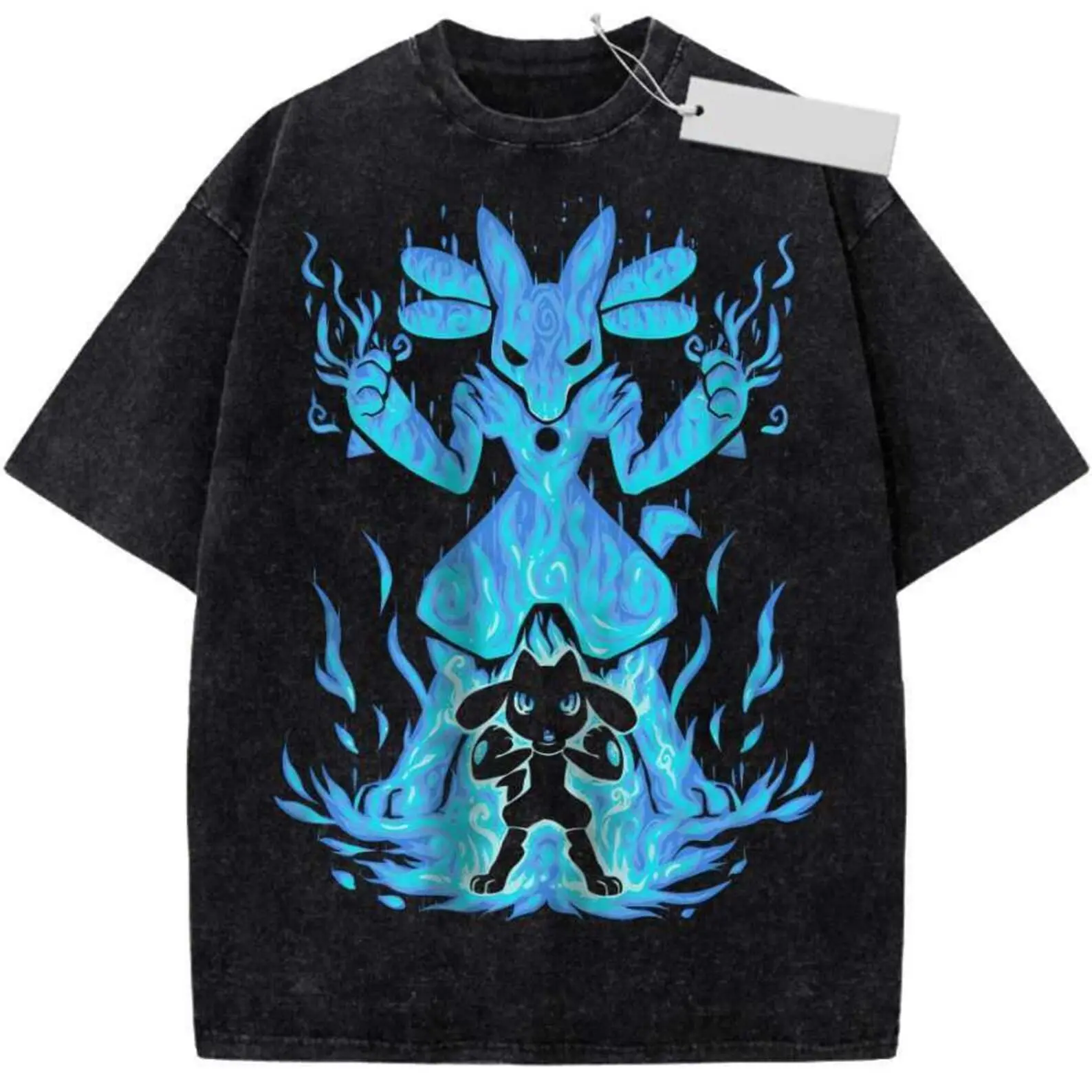 Vintage Riolu & Lucario Aura Washed T-Shirt, Pokémon Evolution Graphic Tee, Anime Oversized Shirt, Retro Gamer Streetwear