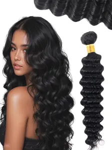 Deep Wave Human Hair Bundles in 8 10 12 14 16 18 20 22 24 26 28 30 Inches, Curly Hair Bundles for Women Water Wave Weave Extensions, Full and Thick Curly Wave Bundles, Natural Black Color, Rich Curly Texture, Curly Wavy Hairpieces