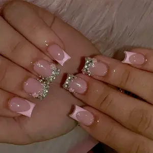 24pcs Pink French Tip Press on Nails Short Fake Nails with 3D Flower Rhinestones Square Nail Tips Designs Silver Glitter Stick on Nails French False Nails Full Cover Glossy Glue on Nails for Women