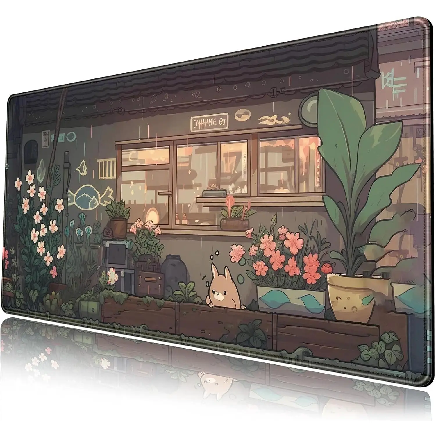 Japanese Anime Desk Mat Kawaii Cat Cute Desk Pad Green Plants Large Gaming Mouse Pad XXL Mousepad Extended Big Mouse Mat Cute Keyboard Mat Desk Decor 24''X14'' Desktop Mat