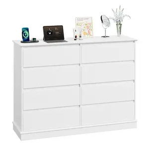 Modern 8 Drawer Dresser Handle Free Wood Chest Of Drawers Wide Storage Cabinet Media Console Credenza Sideboard For Bedroom Kids Room Living Room Nursery Home Office Clothes Organizer Cupboard Unit Anti Tipping Black Oak White Vintage Oak