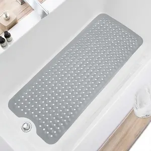 Bath Tub and Shower Mats, Non Slip 40 x 16 Inch Extra Large Bathtub Mat, Machine Washable Bathmat with Drain Holes, Suction Cups for Bathroom Floor, Gray