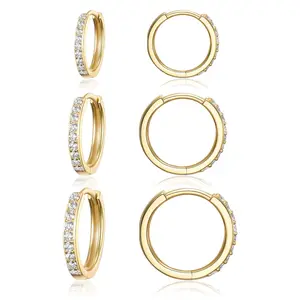 GEMSME 3 pairs Chunky    for Women 5A+ Cubic Zirconia Hypoallergenic  Huggie   Jewelry  popular gift E-230510-W Gold Plated Gemstone Small Hoop Earrings Set Earcuff