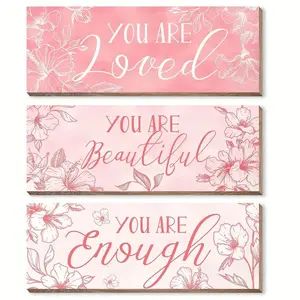 Flower Pattern Wooden Hanging Sign, Decorative Plaque, 3 Counts/set You Are Loved/You Are Beautiful/You Are Enough Lettering Wall Decor, Wall Art for Home Living Room Bedroom, Hangable, Household, Home Decor Products