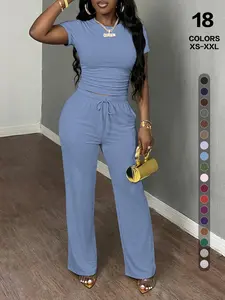 Women's Spring Summer Casual Basic Set, Round Neck Short Sleeve Top & Wide Leg Pants, Slim Fit Home Wear, 2 Piece Comfortable