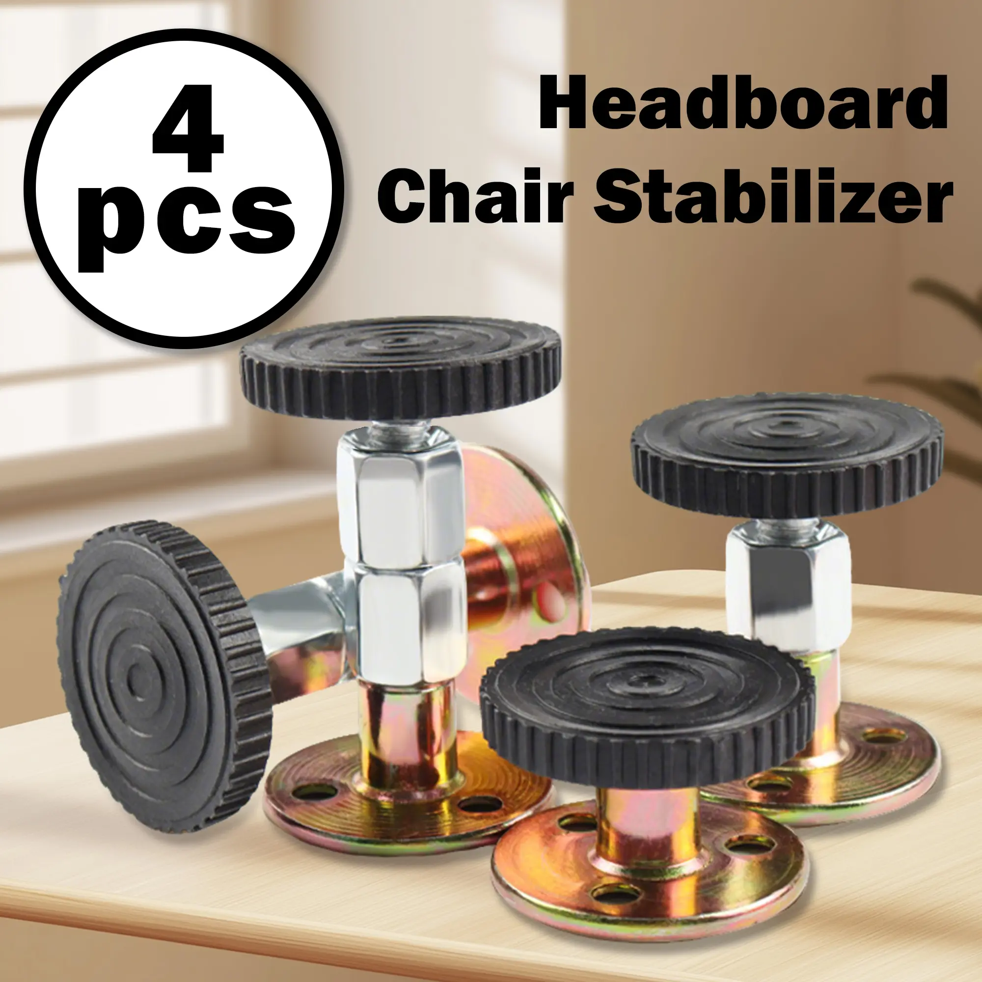 4-Count Adjustable Threaded Headboard Stoppers Fixer with Headboard Protector, Metal Bed Frame Anti-Shake Tool, Stabilizer Support for Beds, Sofas