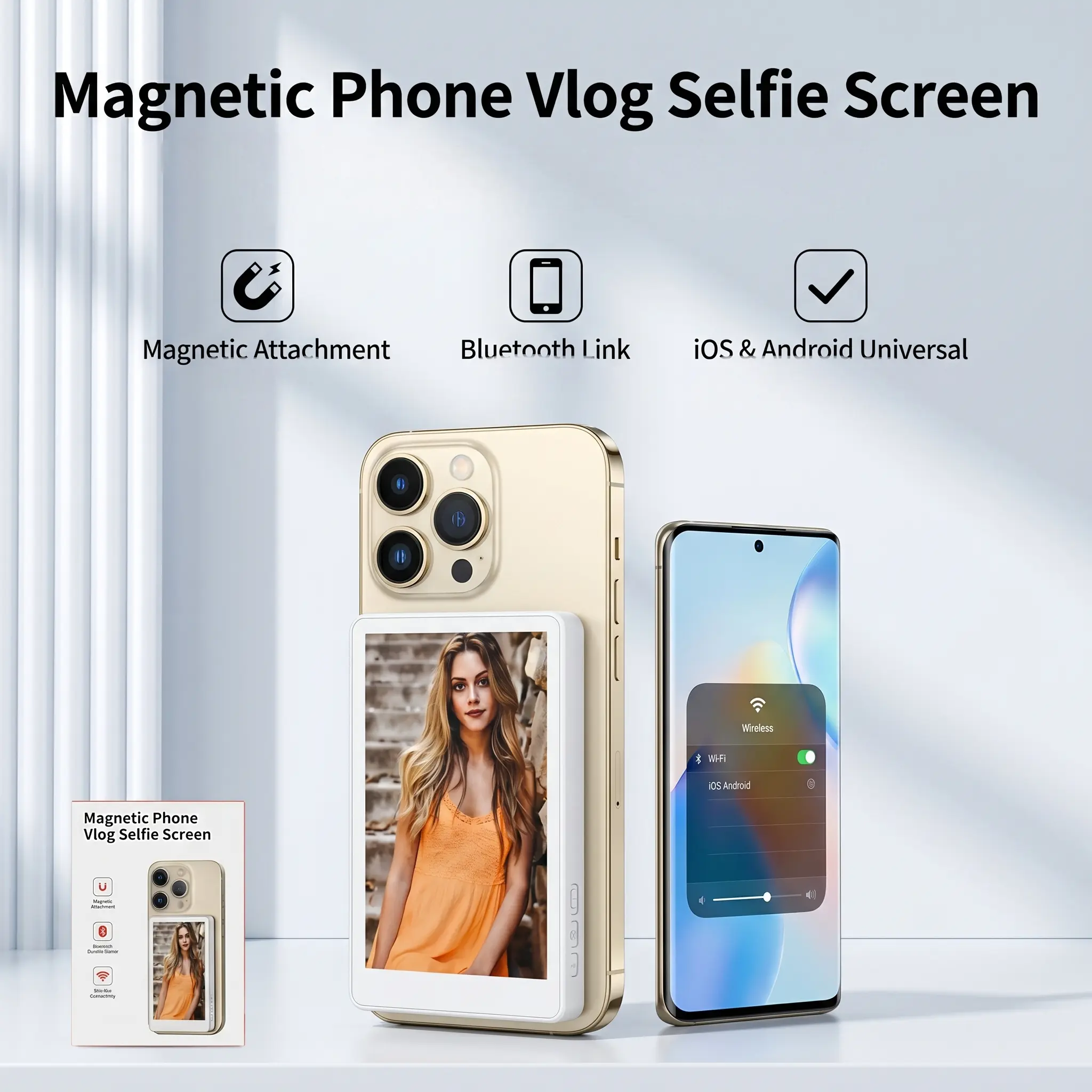 Magnetic Vlog Selfie Screen, Wireless Bluetooth Rear Viewfinder for iPhone Android