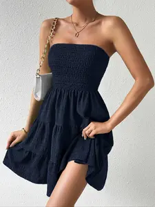 Women's Plain Dark Wash Tube Dress, Casual Basic Fashion Minimalist Strapless Dress for Summer, Women's Clothes for Daily Wear, Sleeveless Womenswear, Formal Elegant Dress