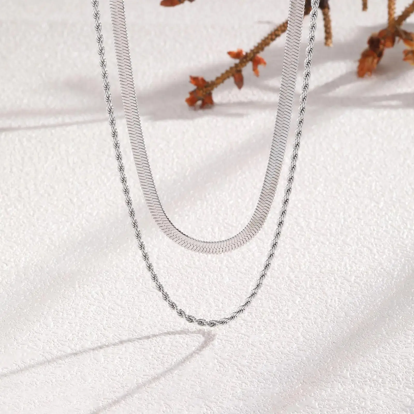 Minimalist 2-Piece Chain Necklace Set - 3mm 14K Silver-Plated Double-Layer Cuban & Twisted Rope Chains, Stainless Steel Jewelry, Adjustable Size, Everyday Wear Fashion Costume Jewelry Accessory